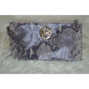 Michael Kors Jet Set Travel Large Snakeskin‎ Print Leather Zip Clutch Wristlet